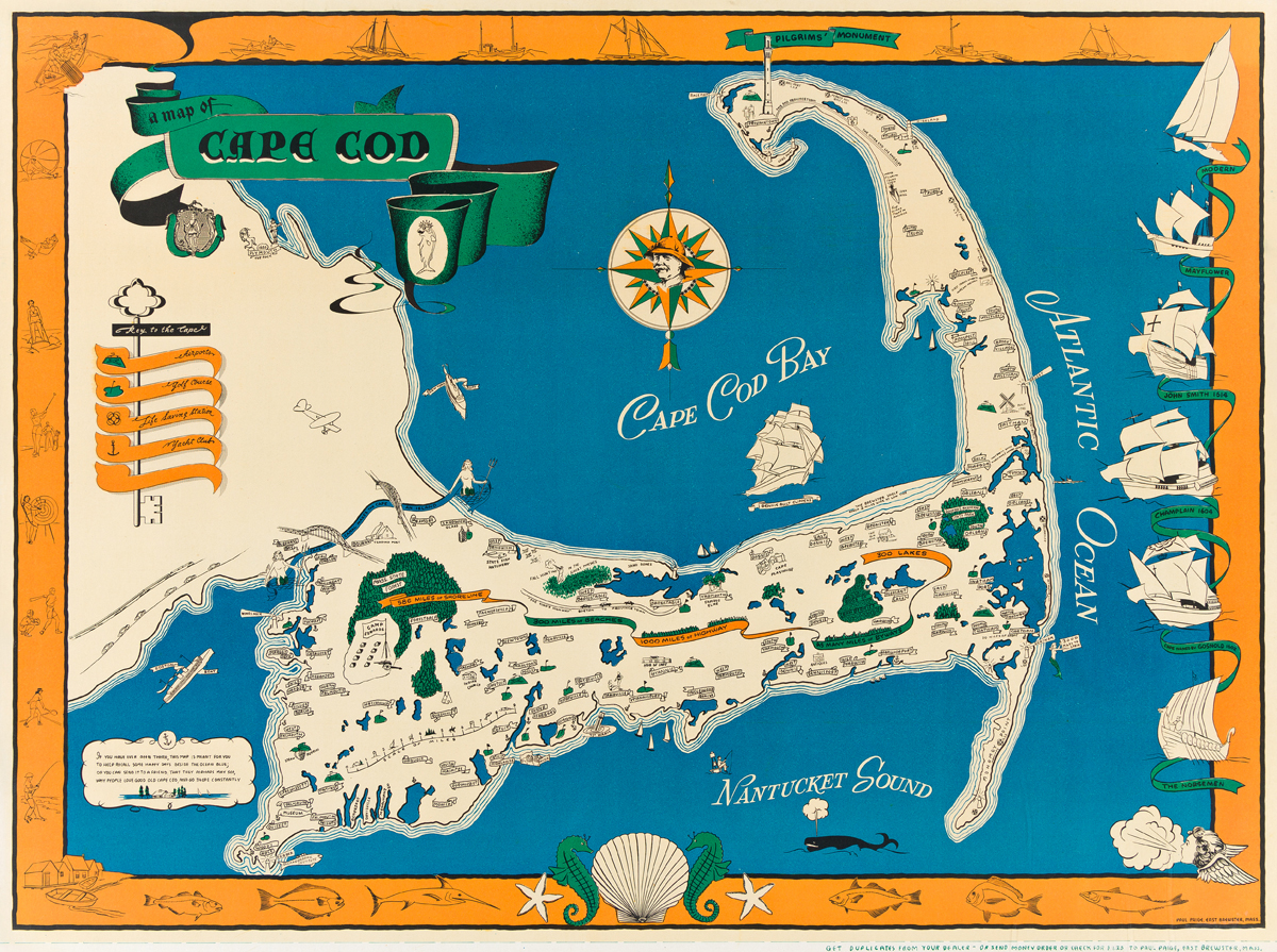 PAUL PAIGE (DATES UNKNOWN).  A MAP OF CAPE COD. Circa 1940. 26¾x36 inches, 68x91½ cm. East Brewster, Mass.
